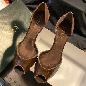 COPY - Lauren Ralph Lauren brown leather patent / suede heels sz 7.5 / 38 new i…